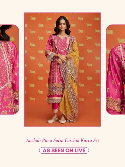 The Anchali Pima Satin Fuschia Kurta Set is another vibrant pink option, this time with a contrasting yellow dupatta for a fun look.