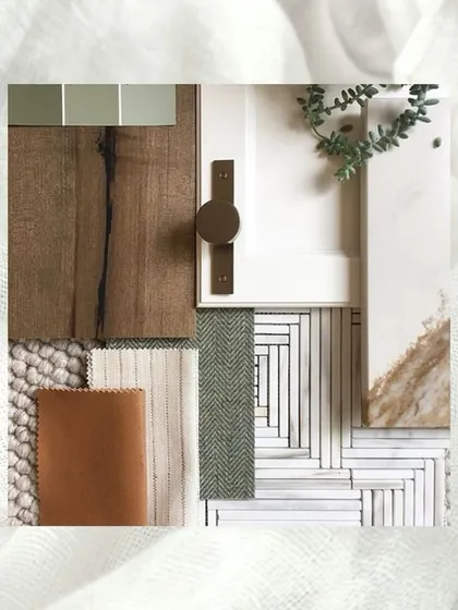 Every project begins with a carefully curated material palette. This mood board shows a selection of wood finishes, fabric swatches, tiles, and leather samples that we use to build a cohesive and tactile design story.