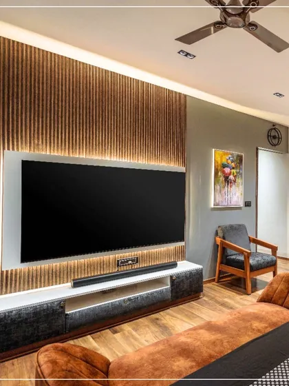 A close-up of the TV unit from image 8, showing the vertical wooden slats and backlighting.