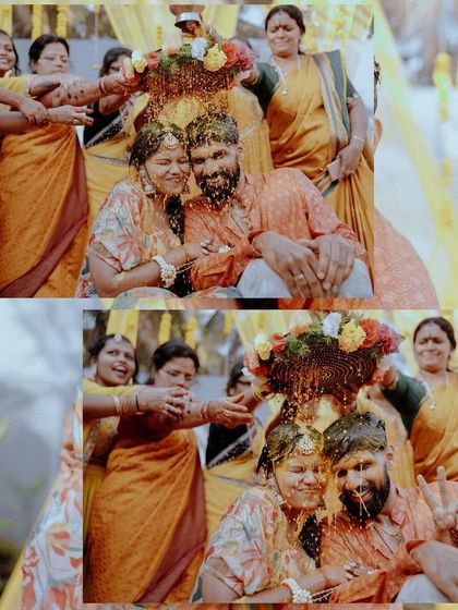 A collage showing the couple being blessed by family during their Haldi ceremony. The second frame, with the groom's playful peace sign, adds a touch of modern fun to the tradition.