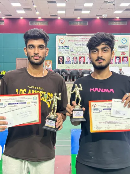 Men's Doubles partners Pradeep Chaudhary and Shivam Srivastava with their bronze medal trophies from the UP Senior State Badminton Tournament.