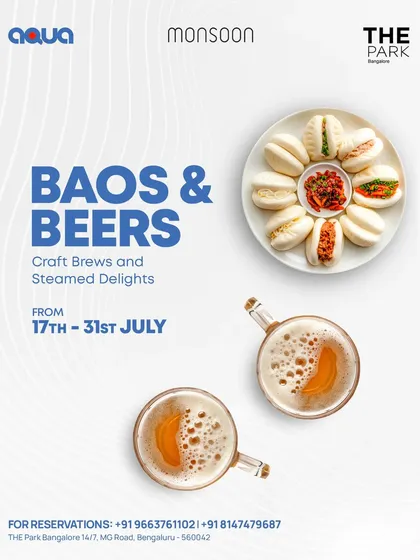 The poster for our 'Baos & Beers' festival, pairing soft, fluffy steamed buns with delicious fillings alongside popular cold beers.