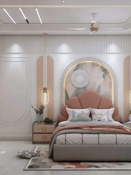 The headboard wall in this kids' room features a beautiful floral mural within an arched niche, creating a soft and dreamy atmosphere.