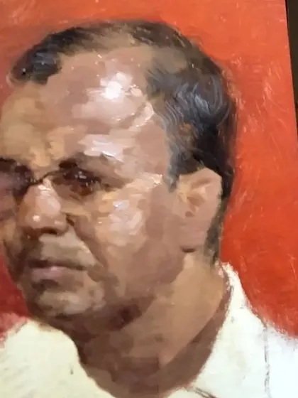 An oil portrait titled "मामा." This was a practice piece that helped me refine my technique for capturing personality with thick, expressive oil paint.