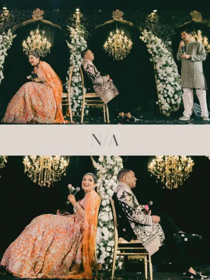 A collage of the fun and games during the Sangeet, showing the couple's playful side as they participate in the shoe game.