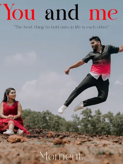 A fun and energetic pre-wedding shot in a rustic, open landscape. We encourage couples to be themselves, resulting in photos that are full of life and personality.