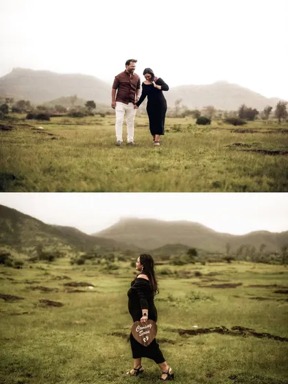 A collage that pairs a wide shot of the couple walking in a field with a solo portrait of the mom-to-be, telling a story of both togetherness and individual strength.