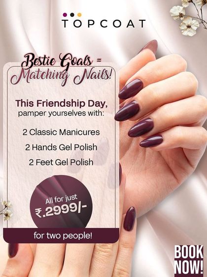 Bestie goals are matching nails. This Friendship Day offer is designed for two people to enjoy together. For just ₹2999, you and your bestie get two classic manicures plus gel polish for both hands and feet.