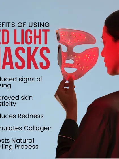 Red Light Masks are a beneficial at-home tool that complements in-clinic treatments. This graphic lists its benefits, including reducing signs of aging, improving skin elasticity, reducing redness, and stimulating collagen production.