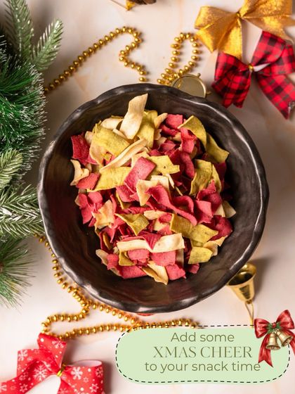 Add some Christmas cheer to your snack time with my festive vegetable chips. The natural red and green colours from beetroot and spinach make them a perfect, crunchy addition to your holiday spread.