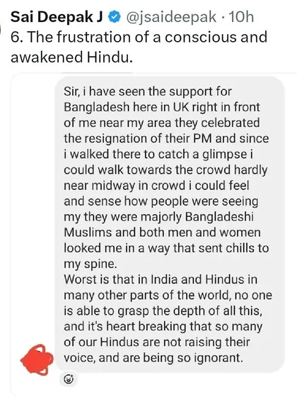 Sharing the frustration of a conscious Hindu in the UK observing the support for events in Bangladesh. It highlights the global nature of the conflict and the ignorance within our own community.