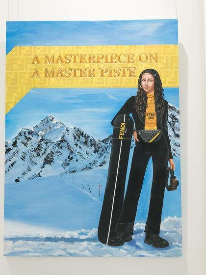 "Masterpiece on a Master Piste" reimagines the timeless Mona Lisa as a modern icon. Here she is, dressed in a chic Fendi ensemble, ready to ski the pristine slopes of Courchevel.