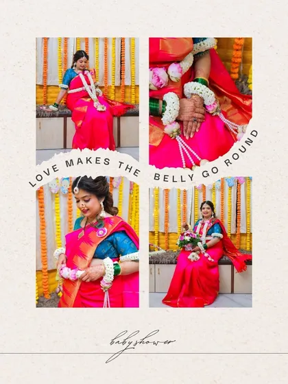 A lovely graphic collage from the baby shower, showcasing details of the floral jewellery and the mother-to-be's happiness.