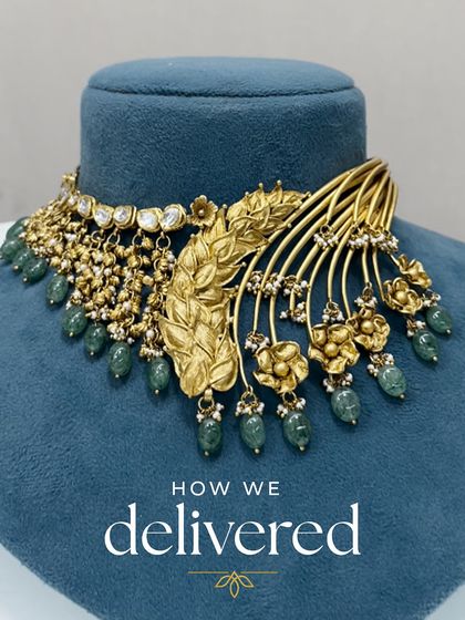 The final delivered piece. This stunning necklace is the result of the sketching and crafting process, a beautiful statement piece ready to be worn and cherished.