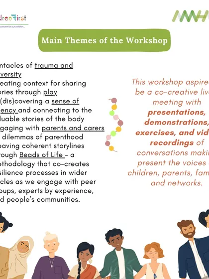 This visual details the themes of our "Unravelling Trauma" workshop, which combines presentations, demonstrations, and exercises to make the voices of children and families present.