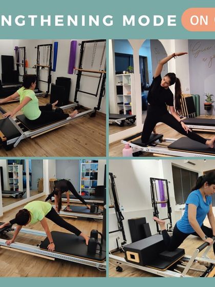 Lengthening mode: ON. A collage showing our members in various stretching and lengthening poses, connecting to their core and breath.