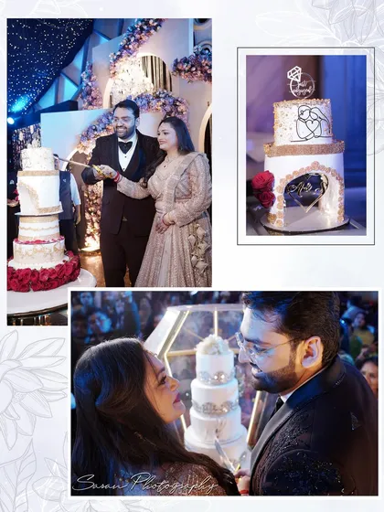 A collage from an engagement cake-cutting ceremony, capturing the couple's joy and the beautiful multi-tiered cake.