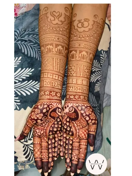 Every detail matters in bridal henna. This full-arm design for an engagement ceremony includes the couple's initials, wedding date, and traditional elephant motifs.