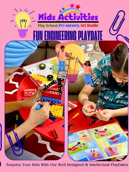 Our Fun Engineering Playdate is designed to spark curiosity and problem-solving skills. Here, children are working together to build structures with a mechanics set, learning about science and self-expression through intellectual play.