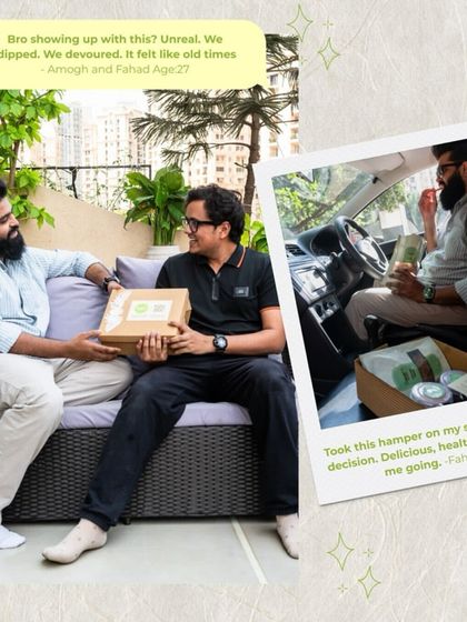 "Bro showing up with this? Unreal. We dipped. We devoured. It felt like old times." This image and testimonial show how my hampers help create moments of connection and nostalgia between friends.