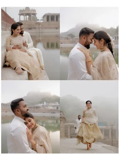 A four-image collage capturing different intimate and candid moments from a couple's pre-wedding shoot at the Melukote temple pond.