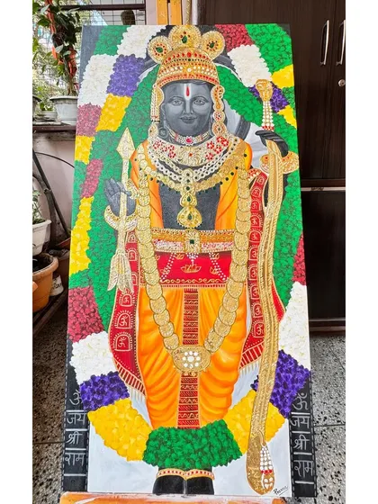 A full view of the Ram Lalla painting. The vibrant colors and detailed embellishments were a joy to create, honoring the spirit of Ayodhya.