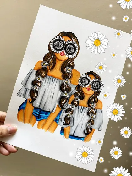 I love creating personalized fashion illustrations like this mother-daughter portrait. Notice the subtle mandala patterns in the sunglasses, a signature touch I can add to make your custom artwork truly unique.