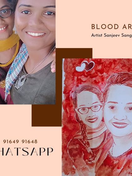 A beautiful moment between two sisters, immortalized through blood art. The original photo was full of warmth, and I aimed to carry that same emotion into this unique portrait, adding a touch of artistic flair to their bond.