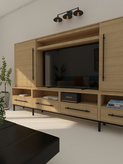 A 3D render of a large, functional TV unit with plenty of storage. The combination of wood finish and black metal legs gives it a modern industrial feel.