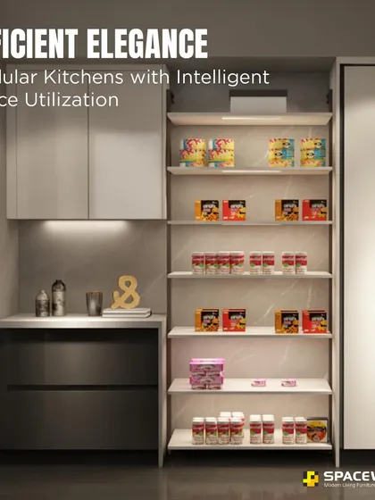 Effective storage is key to a calm kitchen. This image shows a full-height pantry unit with adjustable shelving and integrated lighting, designed to maximize vertical space and keep all your groceries neatly organized and easy to find.