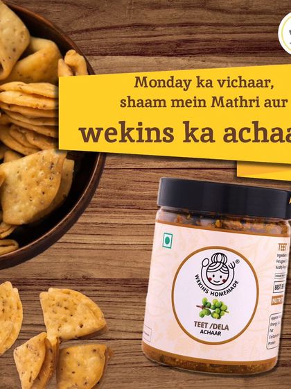 Monday ka vichaar, shaam mein Mathri aur Wekins ka achaar. Our Teet/Dela achaar is a unique and delicious pairing for your evening snack.