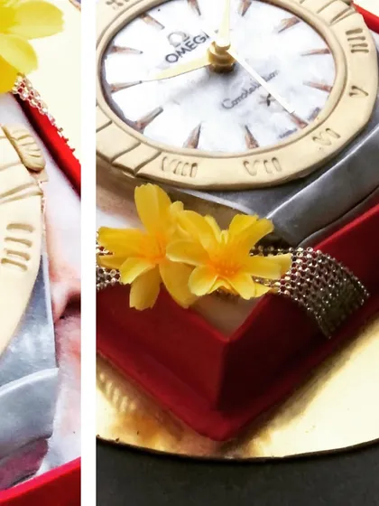 The Omega watch cake presented in its red gift box, a perfect recreation of a luxury gift.