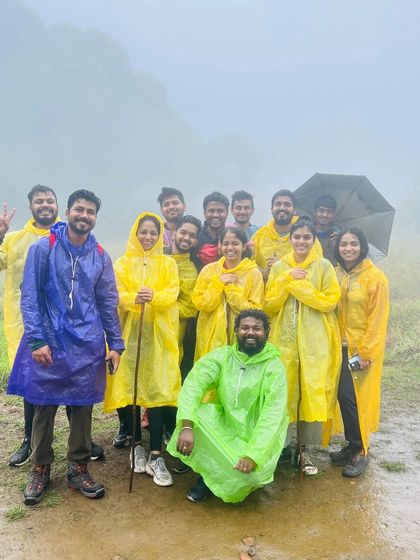 The group in their raincoats, ready for a wet and wonderful Kudremukha trek.