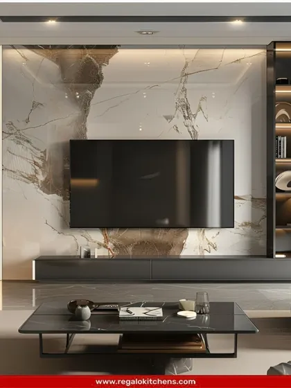 A luxurious media wall featuring a large-format marble slab and integrated display shelving. The dark console grounds the design, creating a sophisticated entertainment space.