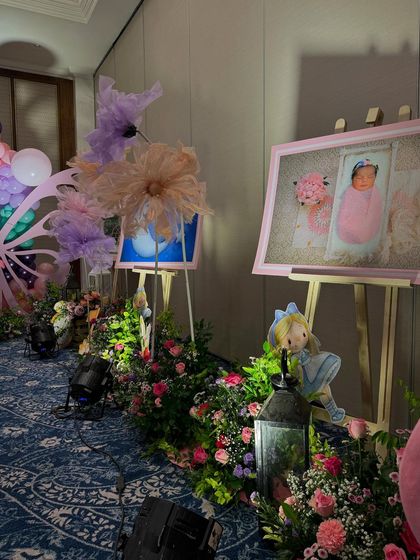 Another view of the personalized photo display along the entrance path.