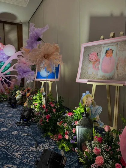 Another view of the personalized photo display along the entrance path.