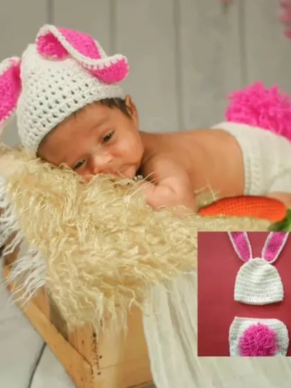Nothing says 'cute' quite like a baby bunny. This handmade crochet rabbit set, complete with floppy ears and a fluffy tail, is a classic choice for a newborn photoshoot. It’s incredibly soft and creates such a sweet, timeless look.