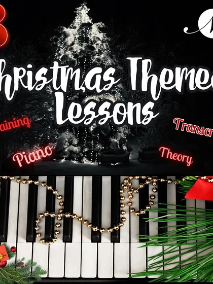 This graphic details our 8 Christmas-themed lessons. These live, interactive sessions cover piano, theory, ear training, and transcription, complete with HD recordings and personal feedback to make your holiday season musical.