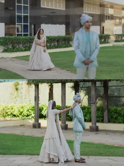 A two-part story of a first look in a park. The bride walks towards the groom, and he turns to see her, a classic and beautiful moment captured with a documentary feel.