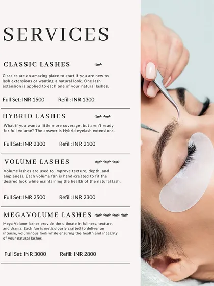 This is my complete menu for lash extensions. I offer everything from natural Classic lashes to dramatic Megavolume sets, with clear pricing for full sets and refills. I can help you choose the perfect style to match your desired look and lifestyle.