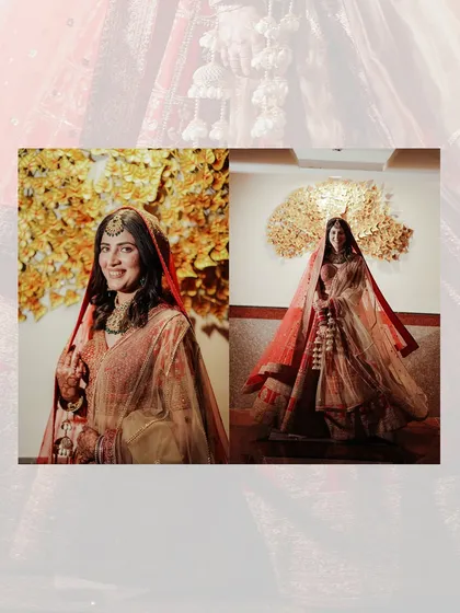 A diptych of a bride in a beautiful lehenga, posing against a golden floral backdrop, creating a warm and celebratory wedding portrait.