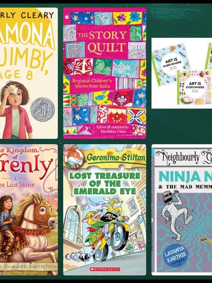 From classics like 'Ramona Quimby' to modern Indian stories like 'Ninja Nani', this collage shows the range of books our youngest readers explore. We introduce them to different authors and styles early on.