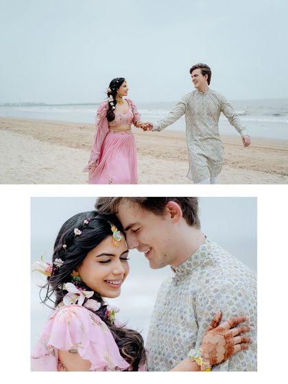 A romantic collage of the couple taking a walk on the beach after their Haldi ceremony. The soft light and natural setting create a beautiful, serene mood.