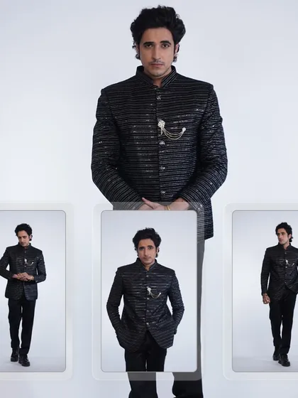 For the kings who know their drip. This black Indo-western set is sharp, modern, and guaranteed to make an entrance. Who said you can't rent confidence?
