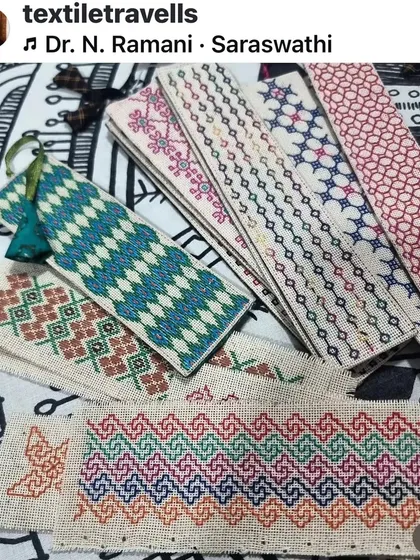 A collection of beautiful Kasuti bookmarks and samplers. These were part of a planning session for a workshop with a textile travel group.