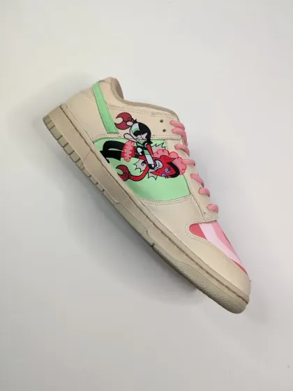 A side view of the Powerpuff Dunks, focusing on a solo shot of Blossom. The pastel color palette was so much fun to work with.