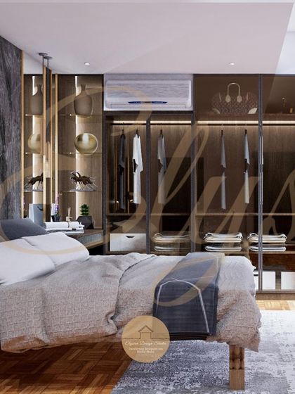 We designed this lavish bedroom with a full wall of glass shutter wardrobes to make the space feel even larger. The dark wood and transparent glass create a bold, hotel-like feel, with integrated lighting to showcase the contents.