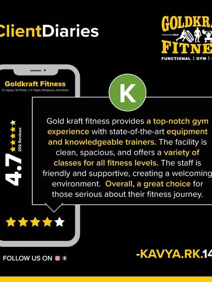 We love hearing from our members. This graphic features a 5-star review from Kavya, who highlights our top-notch equipment, clean facility, variety of classes, and the friendly, welcoming environment our staff creates.