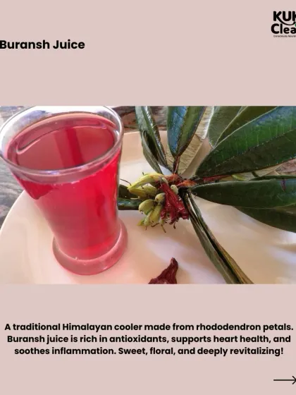 A traditional Himalayan cooler, Buransh juice is made from rhododendron petals. It's rich in antioxidants, supports heart health, and has a unique sweet, floral taste.