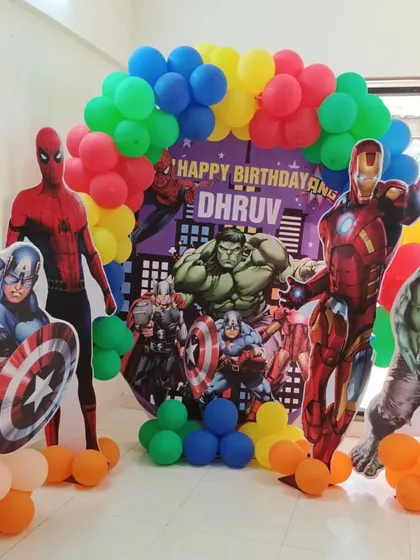 Our Avengers theme brings together all the heroes. This setup features a vibrant balloon arch and large cutouts of Spiderman, Captain America, Iron Man, and the Hulk for an epic birthday bash.
